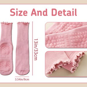 May include: Pink socks with a ruffled top and non-slip grips on the soles. The socks are 13 inches long and 3.54 inches wide. The image includes the text "Size And Detail".