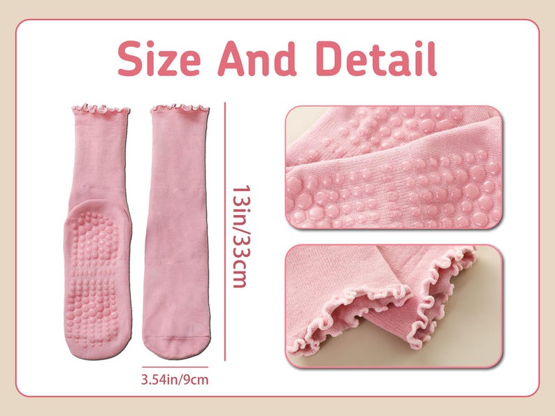 May include: Pink socks with a ruffled top and non-slip grips on the soles. The socks are 13 inches long and 3.54 inches wide. The image includes the text "Size And Detail".