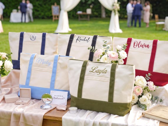 Personalized Canvas Tote Bag, Custom Name Embroidered Tote, Bridesmaid Gift Bag, Bridal Shower Gift for Her