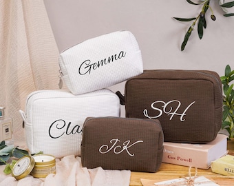 Personalized Waffle Weave Cosmetic Bag,Embroidered Makeup Bag,Large Capacity Cosmetic Bag,Monogram Makeup Bag,bridesmaid gift,Gift for her