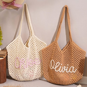 Personalized beach tote bags, Crochet beach bags, Bridesmaid gift bags, Travel Beach Bag, Wedding favor gift, Bachelorette Trip Gift for Her image 3