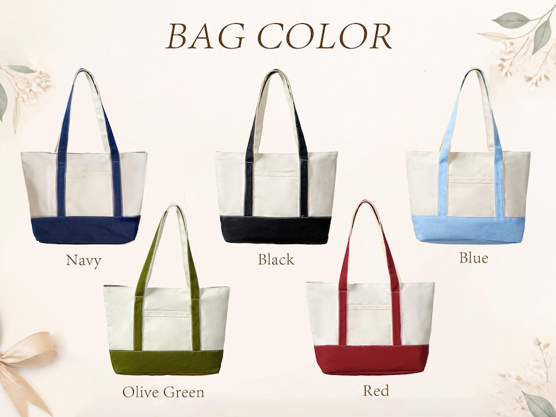 May include: Five canvas tote bags with two shoulder straps and a front pocket, displayed in a grid. The bags feature a cream-colored upper section and a solid-colored base and straps in navy, black, light blue, olive green, and red. Text reads BAG COLOR.