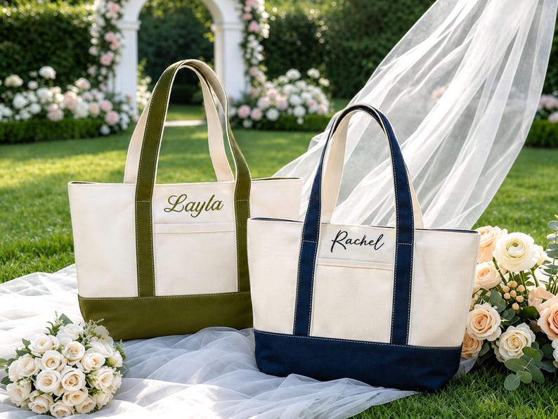 May include: Two canvas tote bags with dual handles and an exterior pocket. One bag features olive green trim and the name Layla embroidered in green. The other bag features navy blue trim and the name Rachel embroidered in black.