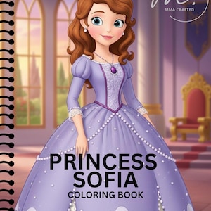 Puede incluir: La portada de un libro para colorear "Princesa Sofía" muestra una princesa de dibujos animados con un vestido lavanda, collar de perlas y tiara. Encuadernación en espiral a la izquierda y el logotipo de MMA Crafted en la esquina superior derecha.