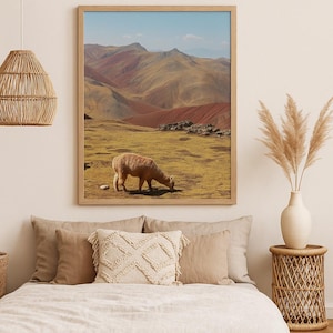 Peruvian Alpaca in the Andes – Digital Wall Art Print, Boho Mountain Landscape Photography, Instant Download