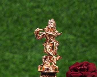 Lord Krishna Kupfer Statue | 9 cm Handgefertigter Stehender Krishna mit Kuh Idol | Home Tempel, Pooja & spirituelle Devotionalie Dekor