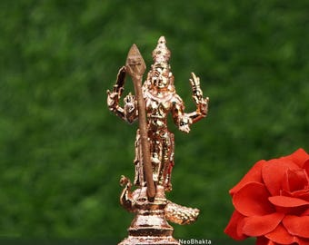 Lord Murugan with Vel and Peacock Copper Idol | 6.5cm Handcrafted Tamil God Statue | Hindu Kartikeya Murti for Pooja and Home Temple Decor