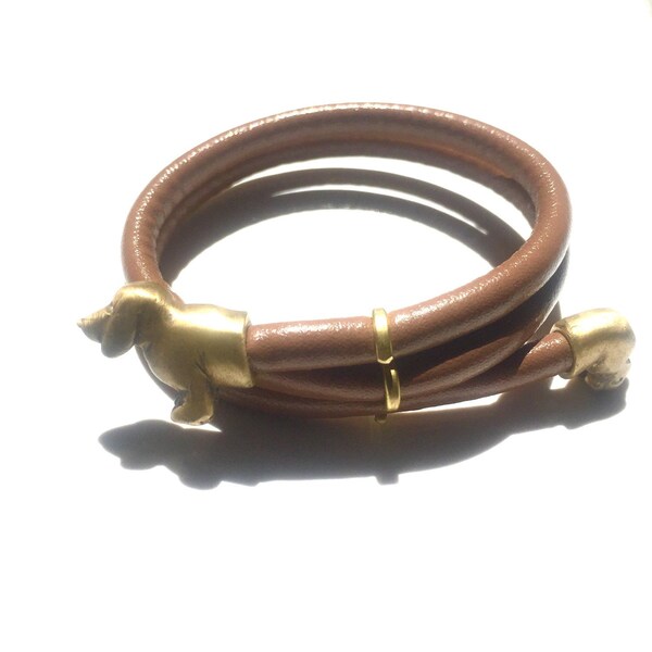 Dachshund Bracelet - Brass and Faux Leather Wrap
