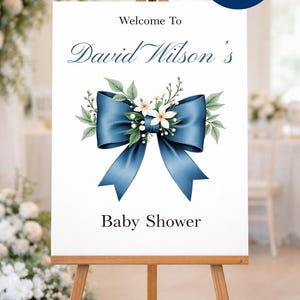 Plantilla editable de cartel de bienvenida para baby shower con lazo azul, cartel para baby shower de niño, póster elegante para baby shower, plantilla de Canva, cartel de entrada imprimible
