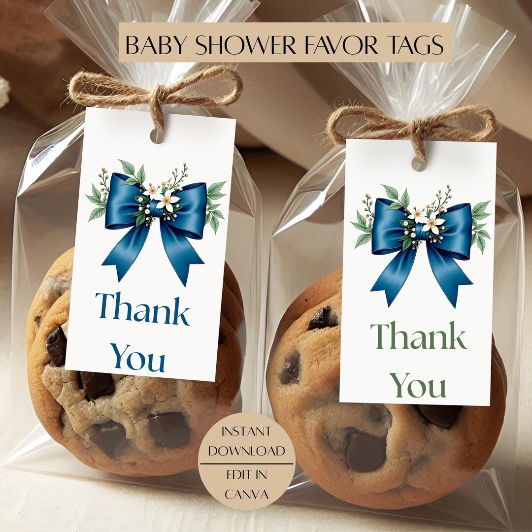 Blue Bow Baby Shower Favor Tag Printable Thank You Card Template ...