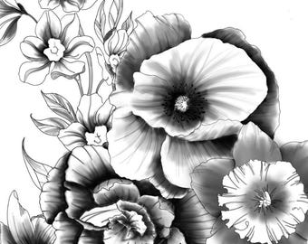 Può includere: Illustrazione floreale in bianco e nero con una varietà di fiori, tra cui papaveri, narcisi e gigli. Il design include ombreggiature dettagliate e una firma stilizzata. Un quadrato grigio contiene il testo "Detailed Daisies".