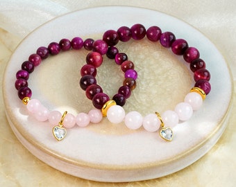 Mother Daughter matching Love Bracelets set, rose quartz, red tiger eye, crystal heart