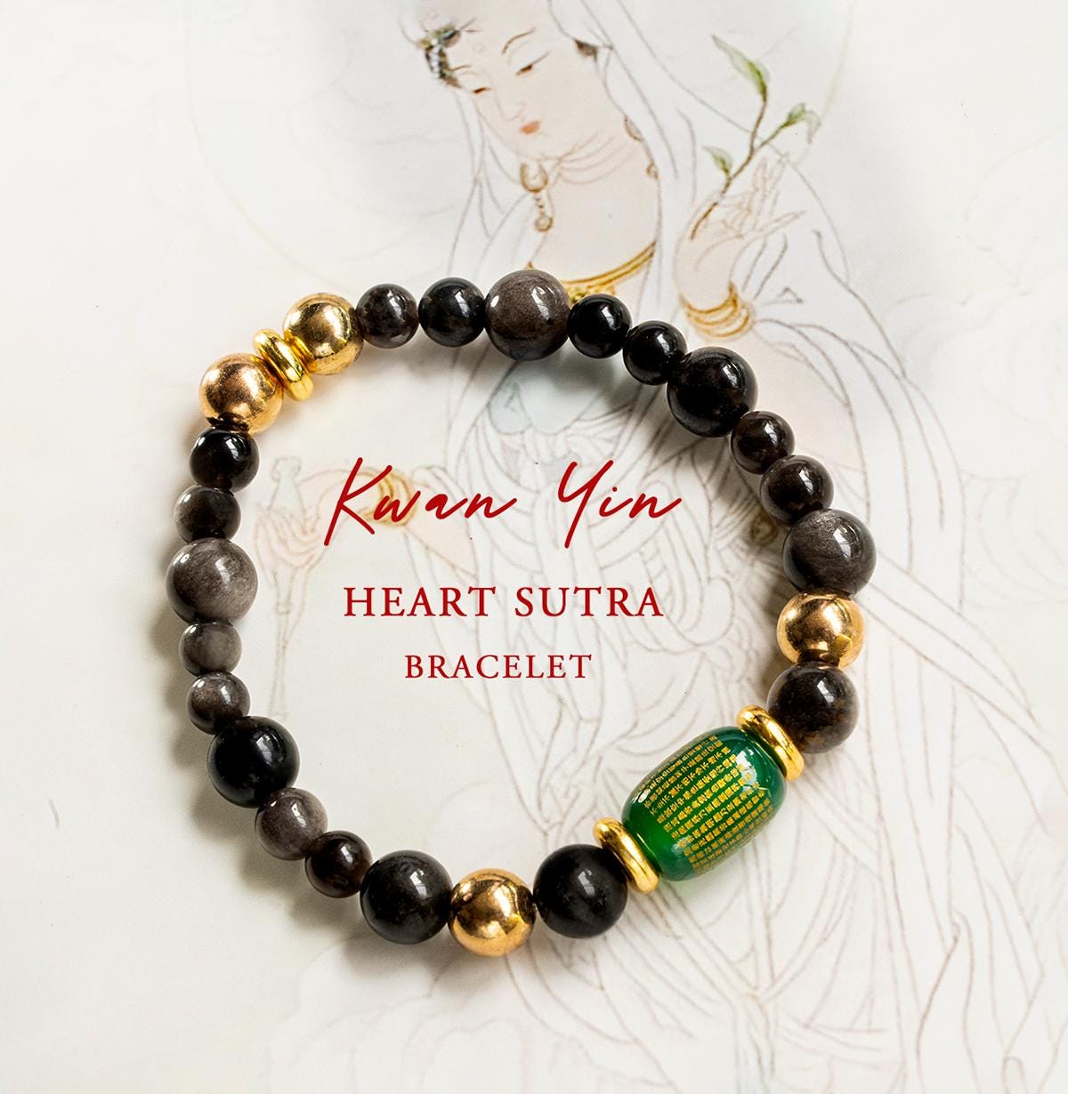 Kwan Yin Green Heart Sutra inscribed Bracelet