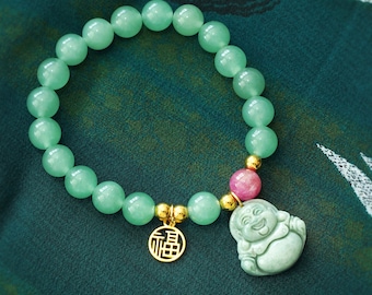 Jade Buddha Bracelet with Gold Fu Charm, Good Fortune and Happiness