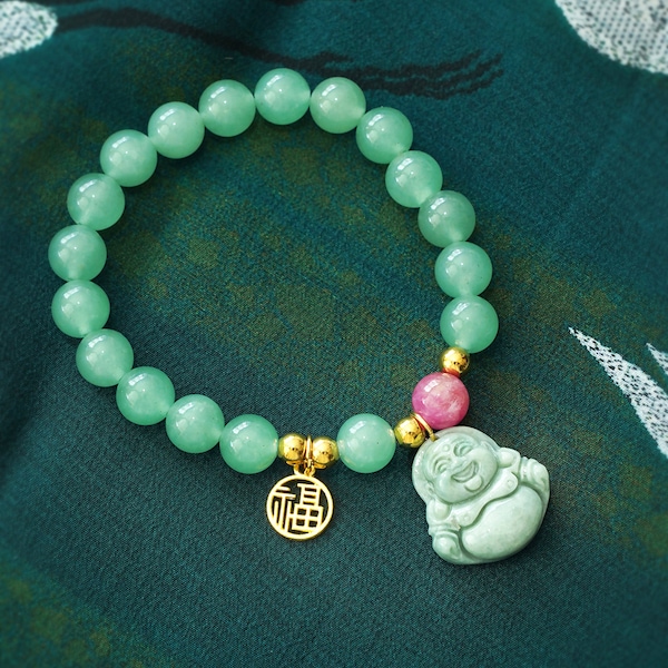 Jade Buddha Bracelet with Lucky Fu Charm, Good Fortune and Happiness