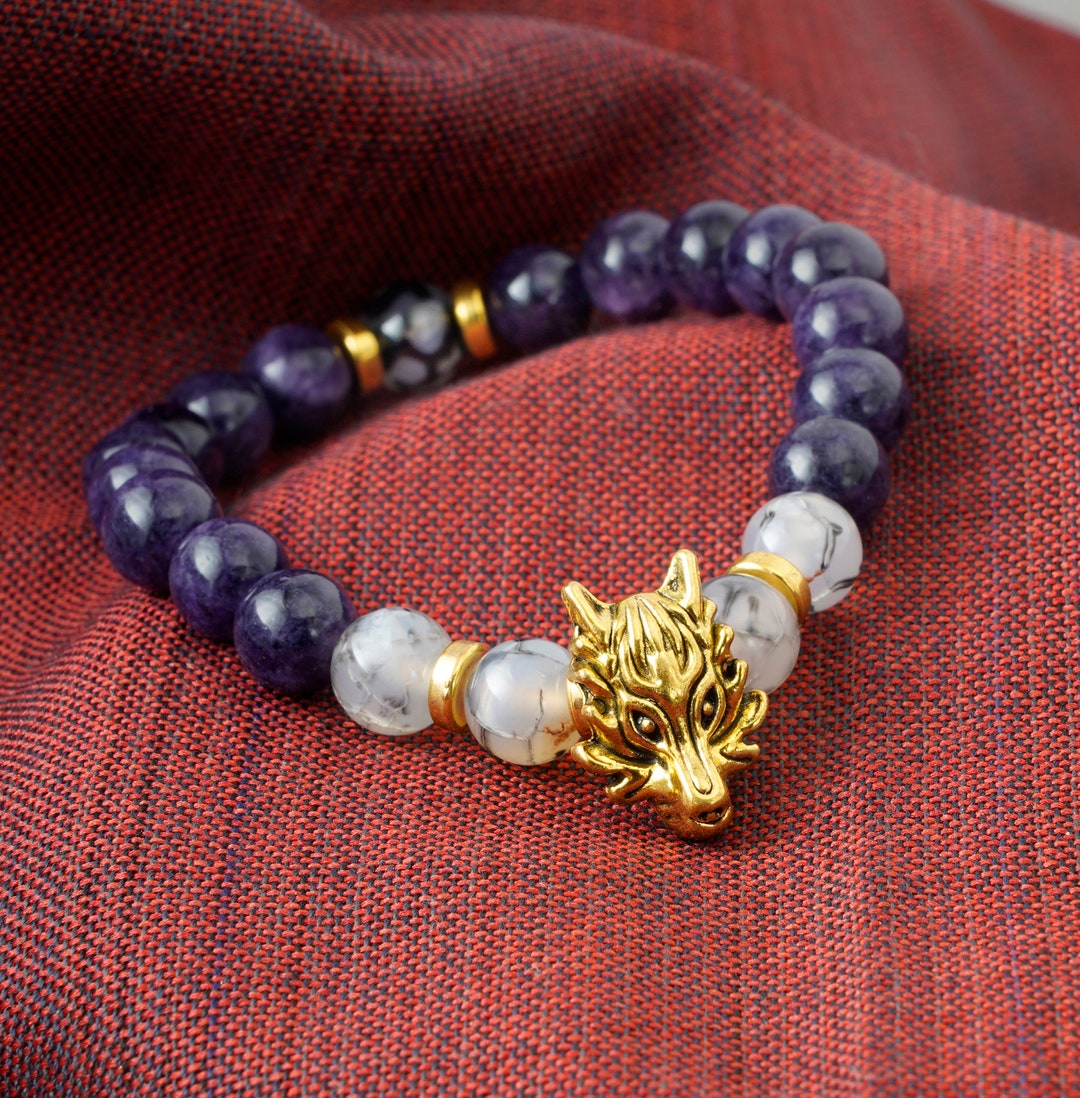 Year of the Dragon Charm Bracelet, Healing Stones, Dragon Head