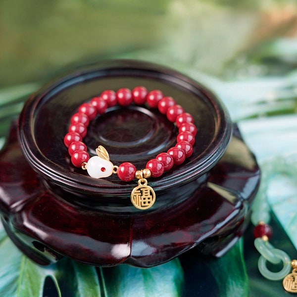 Vermilion Lucky Fu Charm Jade Rabbit Bracelet Brings Good Fortune