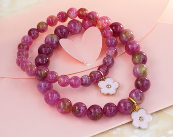 Mother Daughter matching set, watermelon beads with plum blossom bracelet