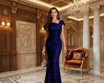 One Shoulder Sequin Evening Gown, Floor Length Formal Dress, Wedding Guest Party Maxi