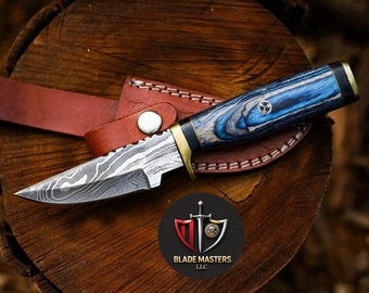 Handmade Damascus Steel Skinner Knife with Leather Sheath, Camping Skinning Knife, Outdoor EDC Fixed Blade Knife, Gift for Men,Birthday Gift
