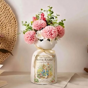 Vaso per fiori in ceramica di Peter Rabbit, vaso a forma di libro ispirato a Beatrix Potter, decorazione con coniglietto delle fiabe, vaso floreale in stile cottagecore, regalo per gli amanti dei libri