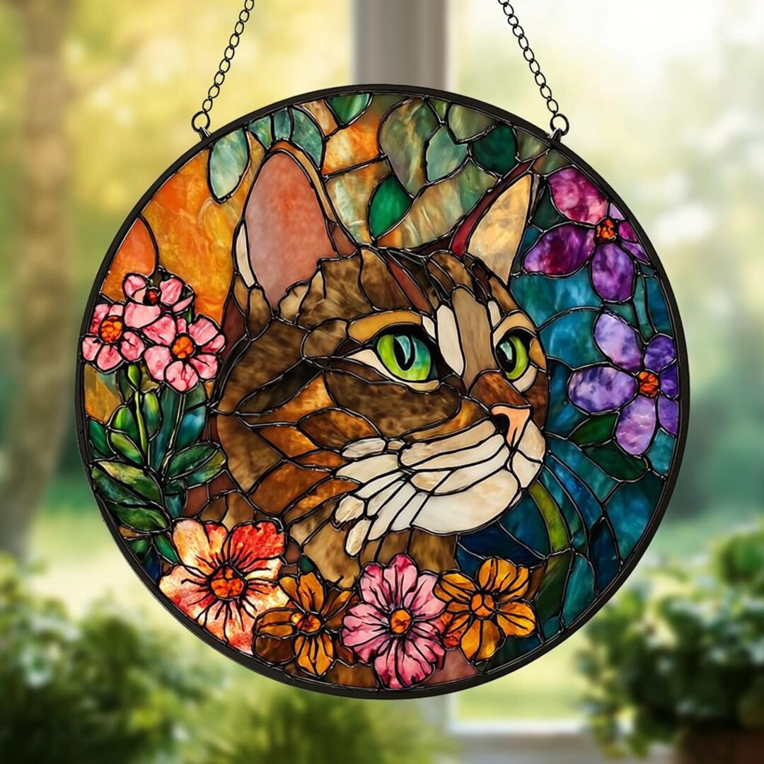Cat With Floral Stained Glass Suncatcher, Colorful Window Hanging, Gift ...