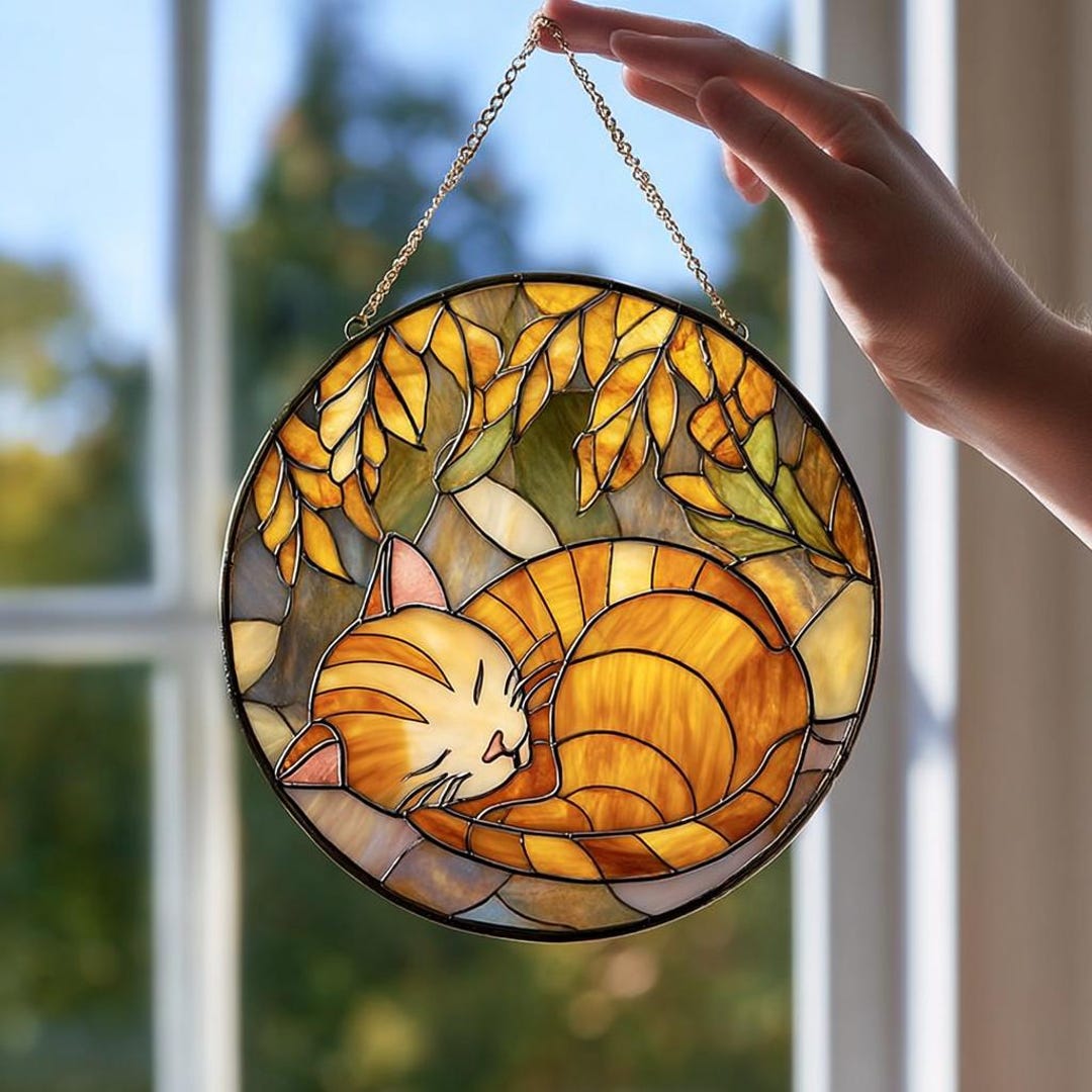 Orange Tabby Cat Sleeping Stained Glass Suncatcher, Unique Cat Lover ...