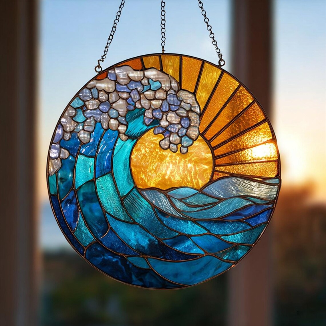 Sea Wave Stained Glass Suncatcher, Coastal Decor, Sea Sunset Glass Art ...