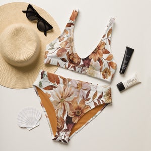 Bikini a vita alta riciclato con motivo floreale rustico