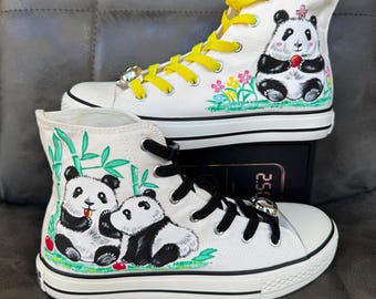 Hand-Painted Panda High Top Canvas Shoes | Original Design