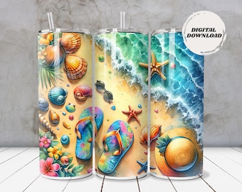 Emballage de verre d'été de plage de coquillages de bord de mer, conception de sublimation de gobelet maigre de 20 oz, enveloppement droit de gobelet de PNG en téléchargement numérique instantané