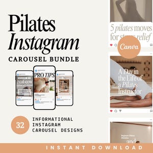 May include: A digital product bundle for Instagram, featuring Pilates-themed carousel designs. The image showcases mockups of phone screens with informational content, including tips and exercise guides. The design includes the text "Pilates Instagram Carousel Bundle" and "Instant Download".