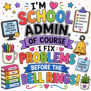 May include: A colourful graphic design featuring the text I'M SCHOOL ADMIN, OF COURSE I FIX PROBLEMS BEFORE THE BELL RINGS! surrounded by illustrations of a computer, a clipboard with a checklist, a mug with pens, a bell, books, and a plant.