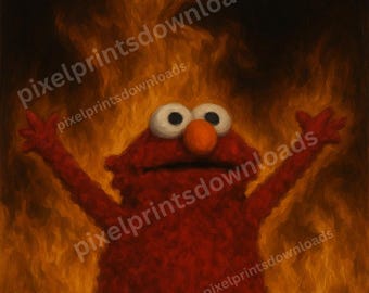Elmo Fire Meme Wall Art – AI Oil Painting Digital Download | Chaos Humor Printable | Surreal Funny Meme Decor for Office or Dorm