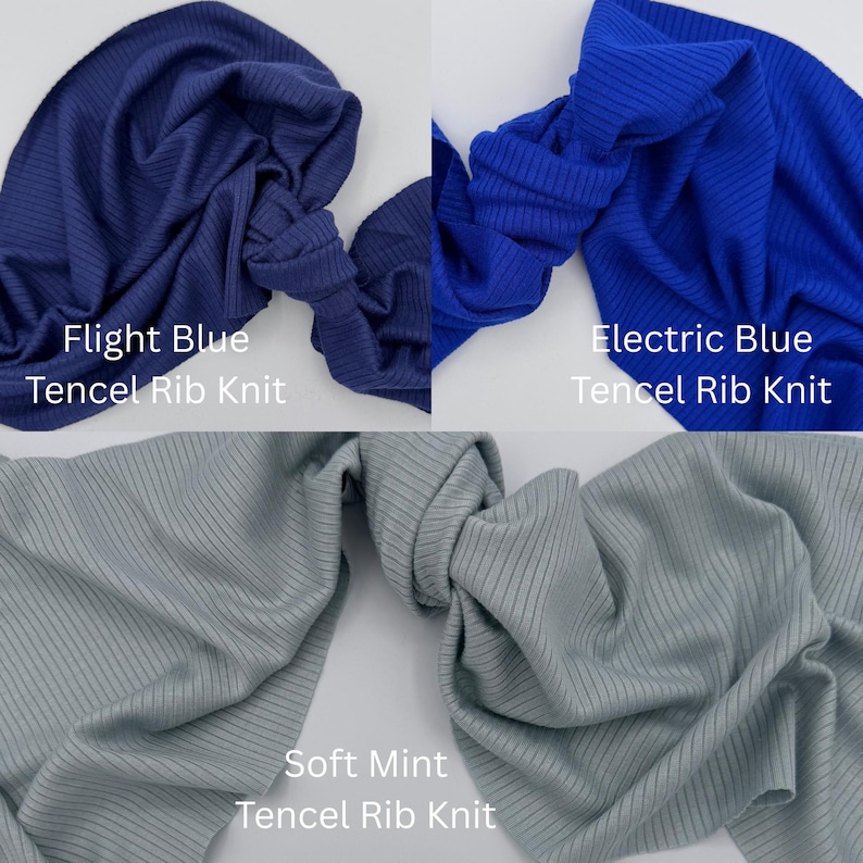 Peut inclure: Image de trois &eacute;chantillons de tissu Tencel Rib Knit dans les couleurs Bleu Aviation, Bleu &Eacute;lectrique et Menthe Douce. Chaque &eacute;chantillon est pli&eacute; et nou&eacute;, r&eacute;v&eacute;lant la texture c&ocirc;tel&eacute;e. Les noms des couleurs sont imprim&eacute;s en dessous.