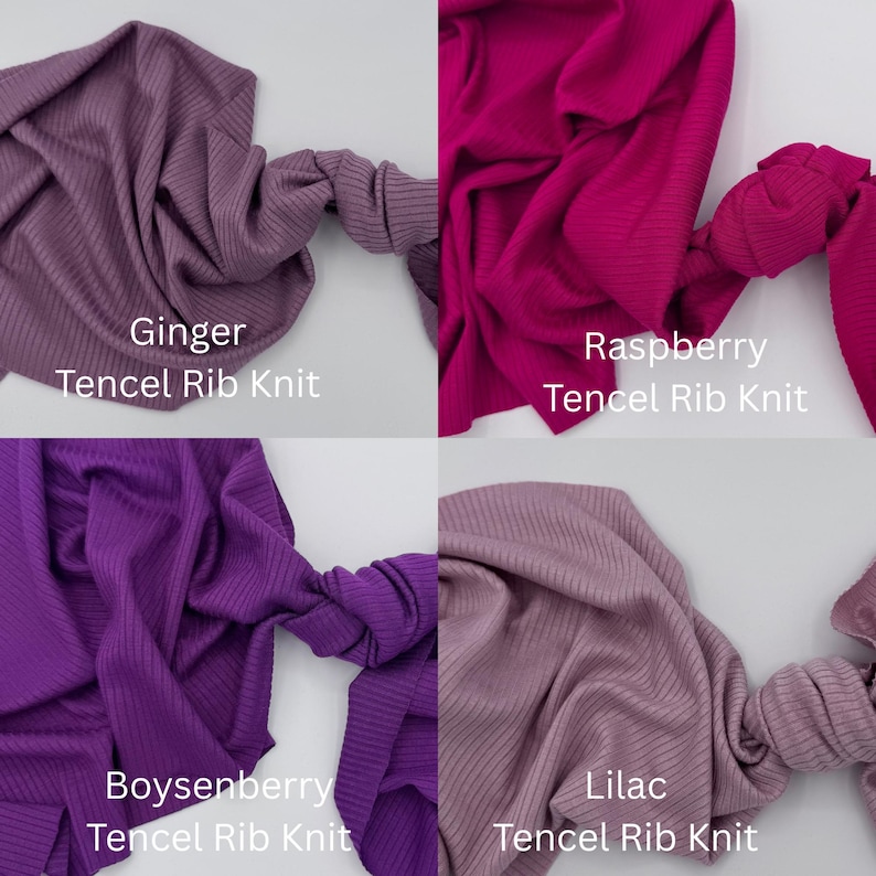 Peut inclure: Quatre &eacute;chantillons de tissu Tencel Rib Knit de couleurs vari&eacute;es : gingembre, framboise, m&ucirc;re et lilas. Chaque &eacute;chantillon est &eacute;tiquet&eacute; avec son nom de couleur et le type de tissu. Le tissu a une texture c&ocirc;tel&eacute;e.