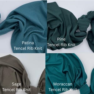 Peut inclure: Gros plan sur quatre &eacute;chantillons de tissu Tencel Rib Knit de diff&eacute;rentes couleurs : Patina, Pine, Sage et Moroccan. Chaque &eacute;chantillon porte le nom de la couleur et l'inscription "Tencel Rib Knit".
