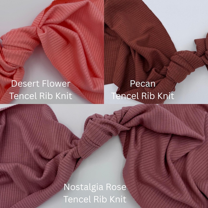 Peut inclure: Gros plan sur trois bandeaux pour cheveux dans les tons de rose et de marron. Les bandeaux sont en tissu tricot&eacute; c&ocirc;tel&eacute;. Les couleurs sont Desert Flower, Pecan et Nostalgia Rose. Le texte "Tencel Rib Knit" est en dessous de chaque nom de couleur.