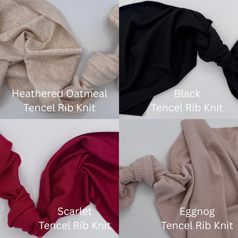 Peut inclure: Pr&eacute;sentation d'&eacute;chantillons de tissu Tencel Rib Knit en quatre couleurs : Heathered Oatmeal, Noir, &Eacute;carlate et Eggnog. Chaque &eacute;chantillon est &eacute;tiquet&eacute; avec son nom de couleur et le type de tissu. Le tissu a une texture c&ocirc;tel&eacute;e.