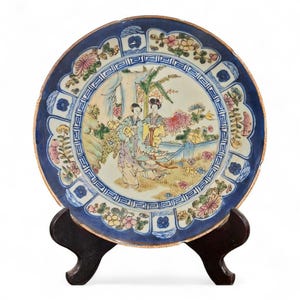 Chinoiserie Antique Porcelain Plate – Hand-Painted Court Ladies – Circa 1900 – Cobalt Blue