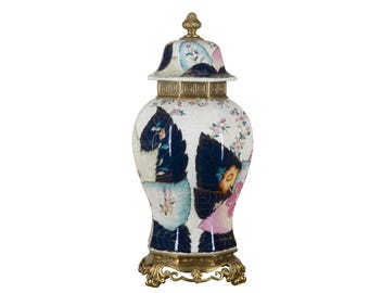 Tobacco Leaf Porcelain  Jar Vase with Bronze Ormolu 22" Tall
