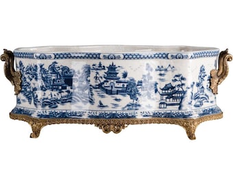 Blue Willow Porcelain Planter: Chinoiserie Centerpiece with Gilt Ormolu