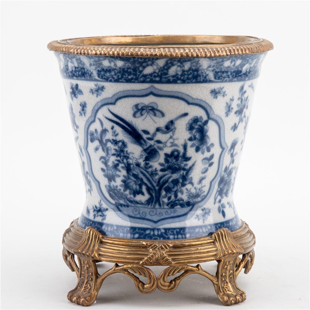 Chinoiserie Porcelain Cachepot: Bird & Floral Planter with Gilt Bronze