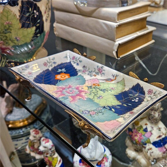 tobacco leaf tray Tobacco Leaf Pattern Porcelain Tray With Bronze Dragonfly