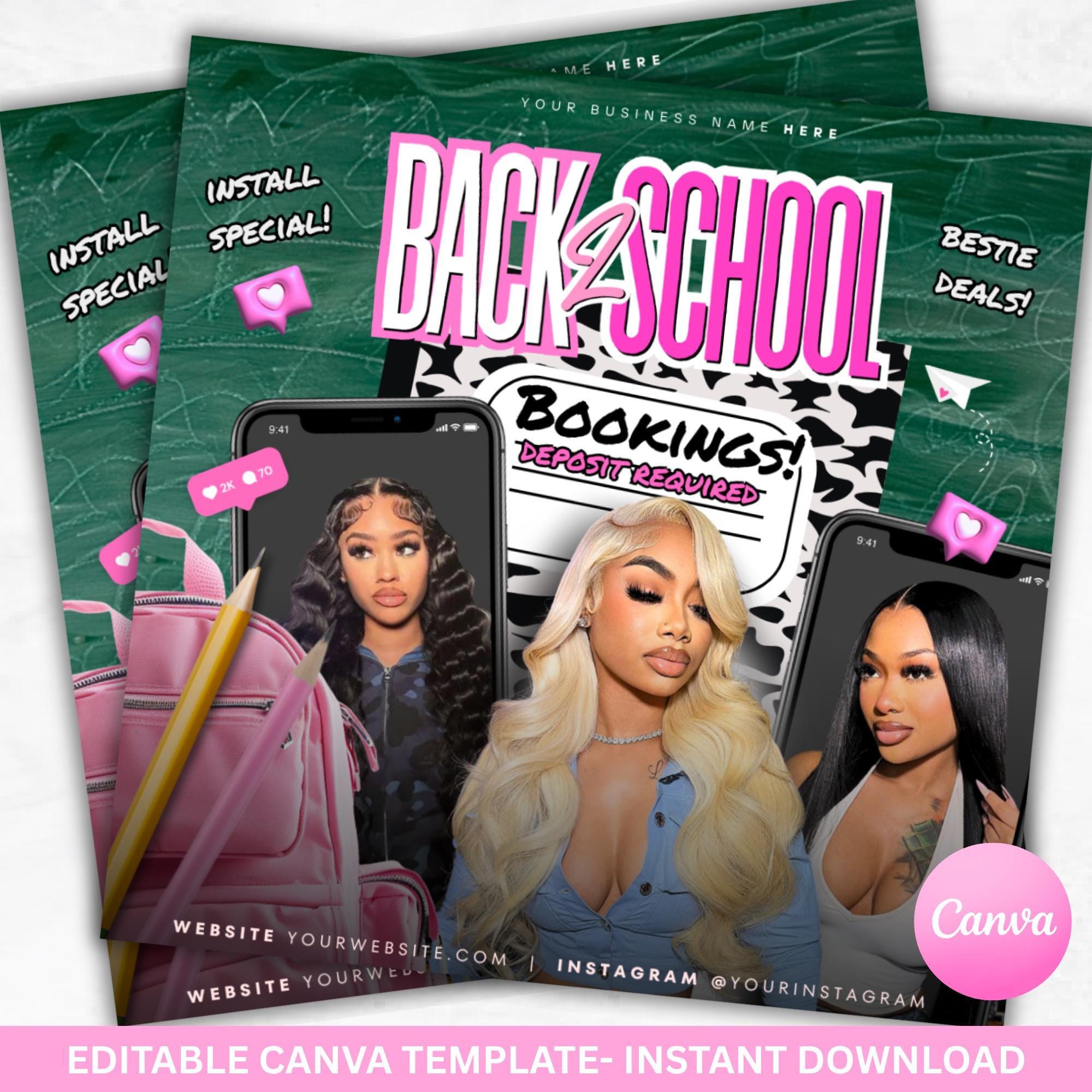 Back 2 School Hair Flyer | Editable Canva Template | August Booking Promo | Install Specials | Pink IG Flyer | Instant Digital Download