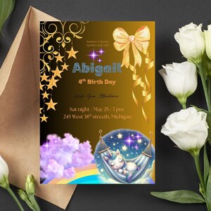 Faire-part d'anniversaire licorne - Faire-part arc-en-ciel scintillant doré pour fille de 4 ans
