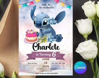 Stitch Birthday Invitation: Editable Kids Party Invite (Digital Download, 5x7 in Canva Template)