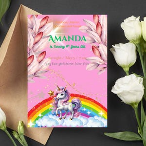 Invitation d'anniversaire de licorne magique | Invitation fête pastel arc-en-ciel pour filles | Modèle modifiable pour le 4e anniversaire