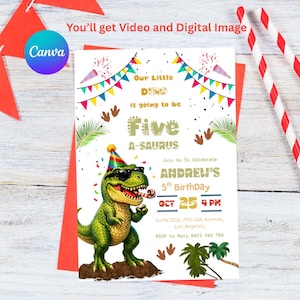 Op de afbeelding: Een verjaardagsuitnodigingskaart met een groene dinosaurus die een kleurrijke feesthoed en zwarte zonnebril draagt en een toeter vasthoudt. De tekst luidt Our Little DINO is going to be Five A-SAURUS, Join Us To Celebrate ANDREW'S 5th BirthDay OCT 25 4 PM.