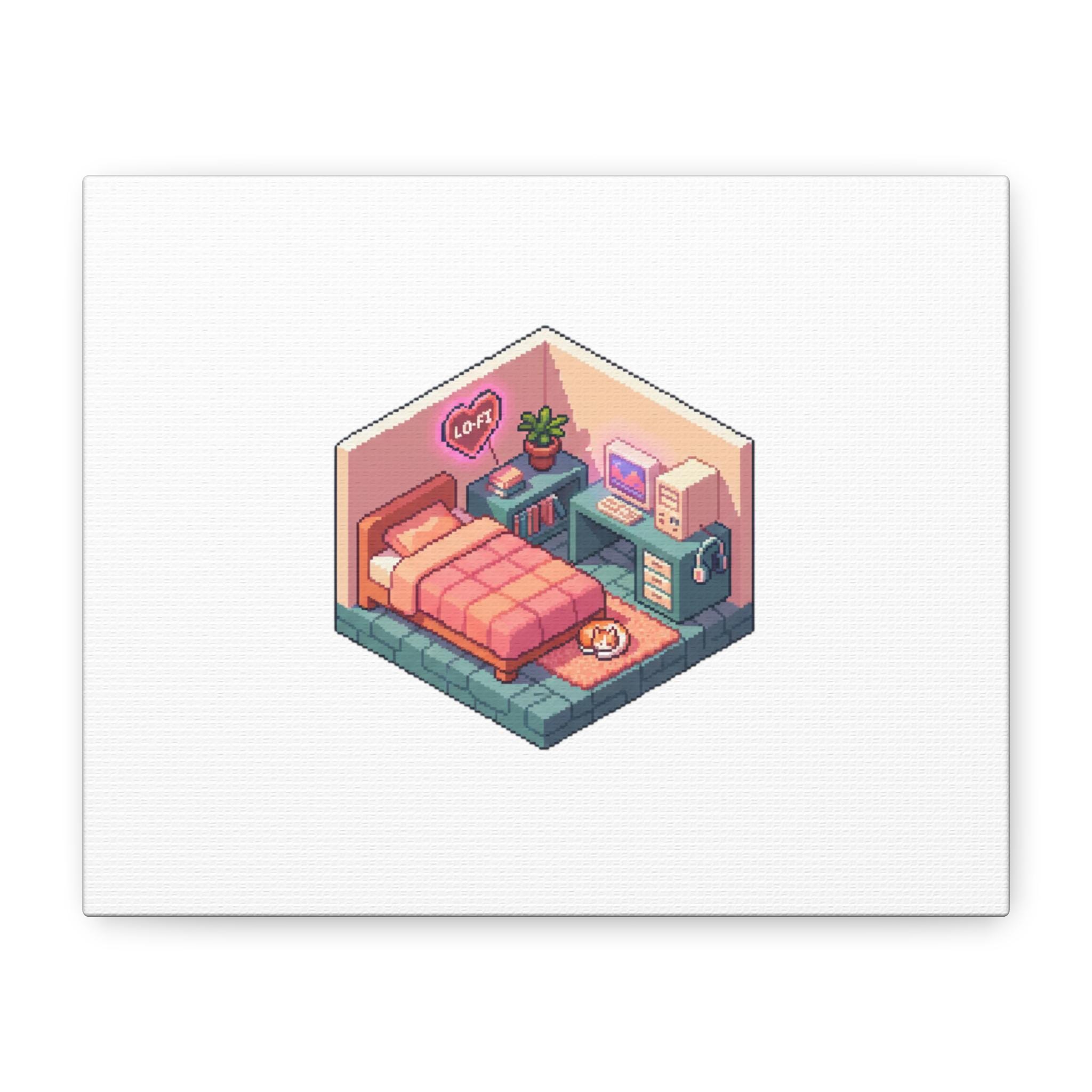 Toile Pixel Room isométrique, pixel art 16 bits cosy | affiche de pixels lofi